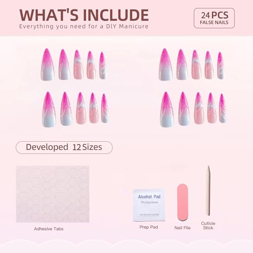 Almond Press on Nails Long Fake Nails Pink French Tip False Nails Purple Ombre Stick on Nail Water drops Swirl Glue on Nails Cute Sparkly Artificial Nail for Women 24Pcs - color: Style02