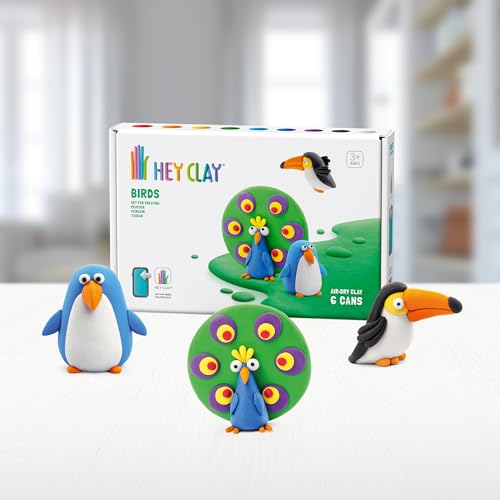 HEY CLAY Colorful Air Dry Clay Kit for Kids Modeling Gift Age 3+ (6 cans) - color: Birds: Toucan, Penguin, Peacock