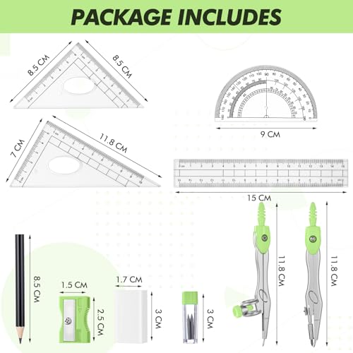 Zonon 10 Pcs Math Geometry Set for Student Compass Protractor, Green - color: Green