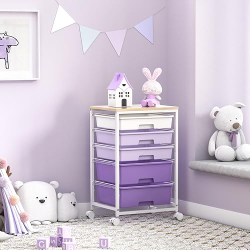 SYKIARIOL Utility Cart with 5 Drawers with Wooden Top,Purple - color: Purple