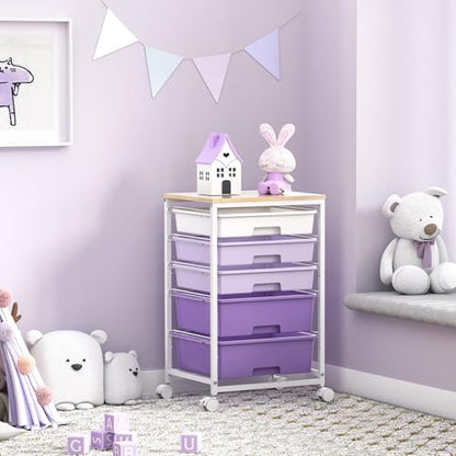 SYKIARIOL Utility Cart with 5 Drawers with Wooden Top,Purple - color: Purple