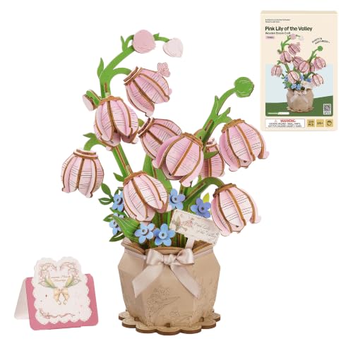3D Flower Wooden Puzzles for Adults - Pink Lily of the Valley, DIY Wooden Flowers Plants Model Kit Building Set Crafts for Adults to Build, Creative (159 PCS) - style: TF - Pink Lily of the Valley