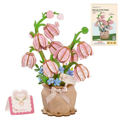 3D Flower Wooden Puzzles for Adults - Pink Lily of the Valley, DIY Wooden Flowers Plants Model Kit Building Set Crafts for Adults to Build, Creative (159 PCS) - style: TF - Pink Lily of the Valley