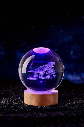 3D Dinosaur Crystal Ball Lamp with Remote Control, 3.15 inch T-rex Crystal Night Light with Wooden Base 16 Colors Change, Glass Dinosaur Figurine Lamp Gift for Girls Boys Wife Mom (T-rex) - color: T-rex