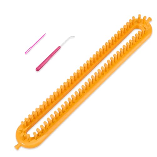 Hobbspring Knitting Loom Set Rectangular Knitting Board Loom 13.9x2in Plastic Darning Needle Crochet Yellow Scarf Looms Long Hats Shawl Making Tool DIY Yarn Weaving Kits for Women Adults Beginners