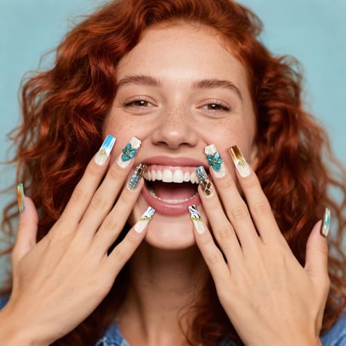 Handmade Square Coffin Press on Nails – Ocean Ombre Blue Bronze Nails with 3D Carved Flower & Gold Foil, Reusable Glossy Stick on Fake Nails, 10pcs Acrylic Nail Set with Tool Kit (Size M) - color: 01, size: Medium