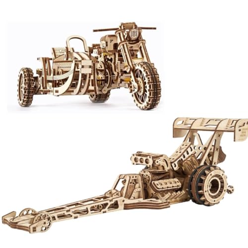 UGEARS Bundle Motorcycle with Sidecar and Dragster Car Model Kit - Top Fuel Dragster Model Kits 3D Puzzle with Powerful Spring Motor - Drag Racing Model Car Kits 3D Puzzles for Self-Assembly