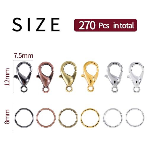 Lobster Claw Clasps and Open Jump Rings Set, 6 Colors Lobster Clasps for Jewelry Making, Keychains and Bracelet - size: 8mm, 12mm