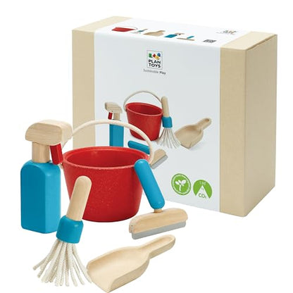 PlanToys® Cleaning Set | Montessori Wooden Housekeeping Play Set for Kids | Includes Broom, Mop, Dustpan, Bucket & Duster | Eco-Friendly Pretend Play Toy for Practical Life Skills & Responsibility - color: Cleaning Set