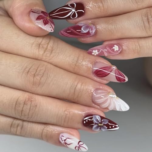 Almond Press on Nails Long Wine Red Fake Nail3D Flowers Charm Acrylic Nail Press ons with Embossed Design Stick on Nails for Women 24pcs - color: Color15