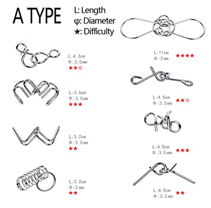 TANCH 16 PCS Type A+B Different Brain Teaser Metal Wire Puzzles IQ Challenge Magic Trick Unlinking & Linking Game Toys for Kids and Adults