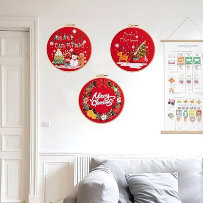 Offizon 3 Sets Embroidery Kit for Beginners Adult DIY Cross Stitches - color: Christmas Red