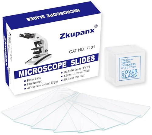 Zkupanx Microscope Slides and Coverslips Set - 50 Pre-Cleaned Glass Slides + 100 Cover Slips, Ground Edges, Laboratory Supplies for Scientific Experiments, Biology, Pathology