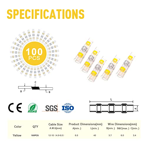 Kuject 100PCS Solder Seal Wire Connectors AWG 12-10, Yellow Solder Seal Heat Shrink Butt Connectors Terminals Solderstick Sleeve Waterproof Wire Splice Connector for Marine Boat Wire Joint - size: AWG 12-10 Yellow