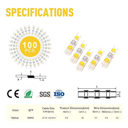 Kuject 100PCS Solder Seal Wire Connectors AWG 12-10, Yellow Solder Seal Heat Shrink Butt Connectors Terminals Solderstick Sleeve Waterproof Wire Splice Connector for Marine Boat Wire Joint - size: AWG 12-10 Yellow