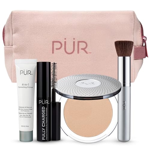 PÜR Minerals Multitasking Essentials Kit - Makeup Gift Set Includes 4-in-1 Correcting Primer, Fully Charged Mascara, 4-in-1 Pressed Mineral Powder & 1 Chisel Brush - style: MN3/Linen