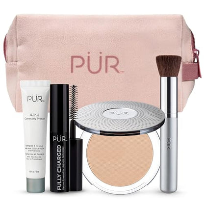 PÜR Minerals Multitasking Essentials Kit - Makeup Gift Set Includes 4-in-1 Correcting Primer, Fully Charged Mascara, 4-in-1 Pressed Mineral Powder & 1 Chisel Brush - style: MN3/Linen