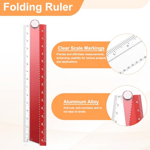 HARFINGTON Folding and Straight Ruler Kit 30/15cm Metric Aluminum Alloy Plastic Protractor Foldable Angle Rulers for Home Classroom Office, Red - color: Clear-Red
