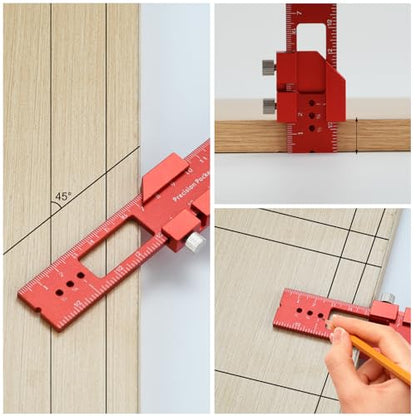 Pocket Ruler Woodworking T-Ruler 3pcs Aluminum Woodworking Rulers Scribing Ruler with Metric/Inch Measurements (Red)