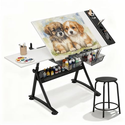Magshion Drafting Table for Adults w/Stool, White - color: White & Black