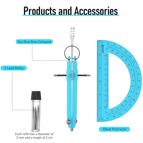 EBOOT Math Geometry Set Metal Compass 6" Clear Protractor, Blue and Blue - color: Blue and Blue