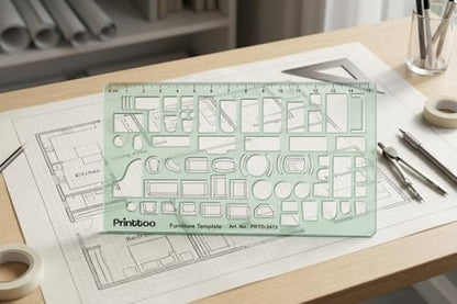 Printtoo Furniture Template Stencil, 2mm Thick Clear Green Acrylic Interior Design Ruler, Furniture Layout Cutouts with Measurements, Drafting Tool for Architects & Designers - color: Series-PRTD-2413A