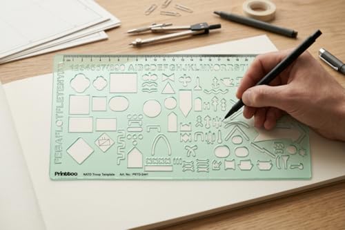 Printtoo NATO Troop Template Stencil, 2mm Thick Clear Green Acrylic Military Planning Ruler with Tactical Symbols, Letters, Numbers & Scale for Map Marking, Students, Artists & Designers - color: Series-PRTD-2441A