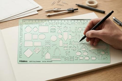 Printtoo NATO Troop Template Stencil, 2mm Thick Clear Green Acrylic Military Planning Ruler with Tactical Symbols, Letters, Numbers & Scale for Map Marking, Students, Artists & Designers - color: Series-PRTD-2441A