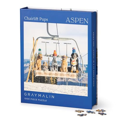 Gray Malin Chairlift Pups Aspen 1000 Piece Puzzle, Collector Book Box - color: Colorful