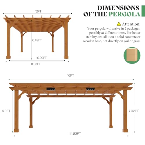 AMERLIFE 12x16 FT Outdoor Wooden Pergola, Large Solid Cedar Wood Pergola Kit with Slatted Roof Design, Heavy-Duty Frame for Backyard, Patio & Garden, Red-Brown Finish - size: 12x16 FT