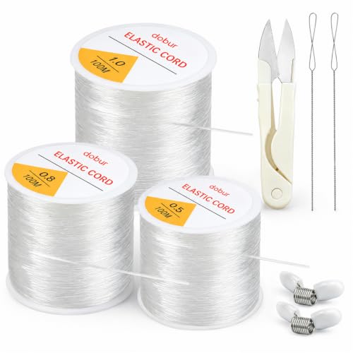 3 Rolls Elastic String Kit (328 Yds) with Spring Cord Clamps - 0.5/0.8/1.0mm Stretchy Cord for Clay & Seed Beads, Jewelry Repair, Necklaces & DIY Friendship Bracelets - 8 Pcs Set w/Needles & Scissors