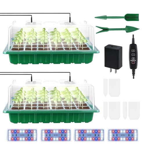 2 Packs Large Seed Starter Tray, Adjustable Brightness and Timer with 48 Full Spectrum LEDs, Seed Starter Kit with Drainage Holes, Tools and Labels for Indoor Plant Growing and Outdoor Gardening - size: L×2 without Heat Mat