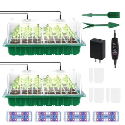 2 Packs Large Seed Starter Tray, Adjustable Brightness and Timer with 48 Full Spectrum LEDs, Seed Starter Kit with Drainage Holes, Tools and Labels for Indoor Plant Growing and Outdoor Gardening - size: L×2 without Heat Mat