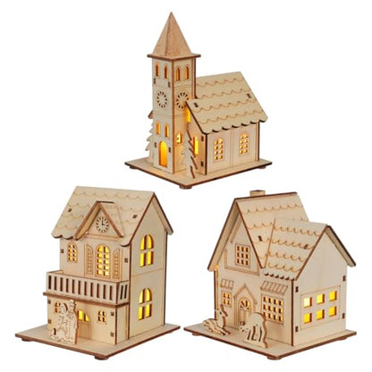 jojofuny 3pcs LED Light up Wooden Christmas House Village Decorations Unfinished Wood Xmas House DIY Wood Chalet Tree Ornaments Christmas Table Centerpieces