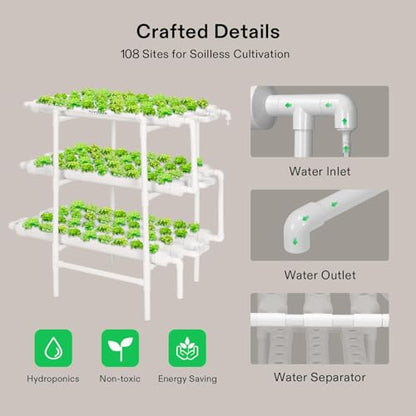 VIVOSUN Hydroponics Growing System 108 Plant Sites, 3 Layers 12 Food-Grade PVC-U Pipes Gardening System Grow Kit with Water Pump Timer, Nest Basket and Sponge for Leafy Vegetables - size: 108 Plant Sites