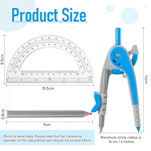 Eboot Student Geometry Math Set, Drawing Compass and 6 in, Blue - color: Blue