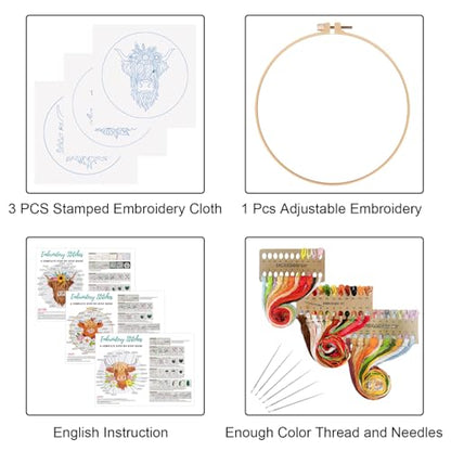 Louise Maelys 3 Set Highland Cow Embroidery Kit for Beginners Floral - color: highland cows