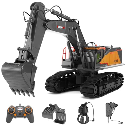 kolegend 1:14 RC Excavator 25 Channel 4 in 1 Construction Toys,Remote Control Vehicles Tractor Sandbox Toys Digger,with Metal Bucket,Drill Bit,Gripper & Wood Gripper RC Truck - color: Black