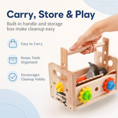 Kids Tool Set, 29 PCS Wooden Toddler Tool Box Workbench, Montessori STEM Educational Construction Pretend Play Toy, Birthday Gift for Ages 3-6 Year Old Boys Girls