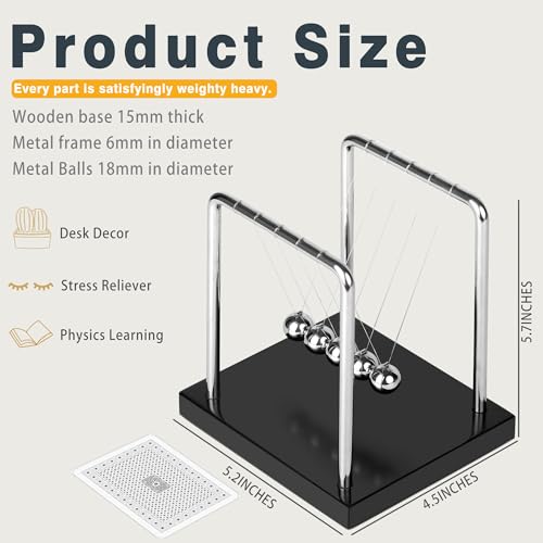Newtons Cradle Balance Pendulum 5 Balls, Wooden Base Newton's Cradle, Desktop Calm Down Fidgets Kit, Office Home Desk Décor, Fun Science Physics Accessories for Adults - size: Medium