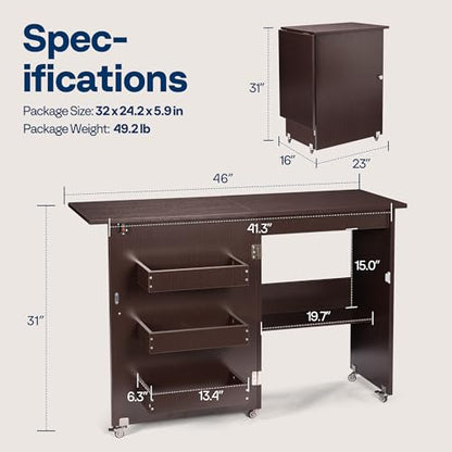 VIVOHOME Folding Sewing Table for Sewing Machine, Sewing Desk with Storage - color: Espresso