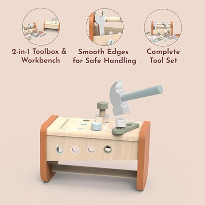 Speedy Monkey Montessori 2-in-1 Tool Box Workbench | Kids Workshop Set