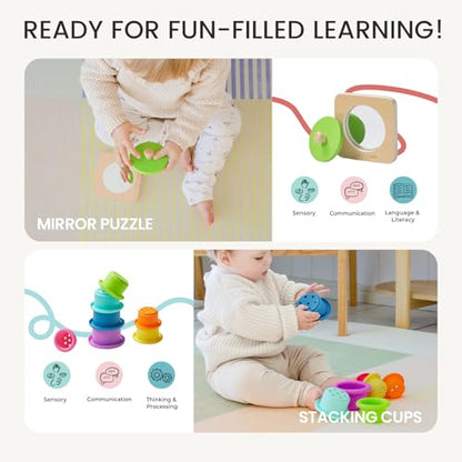 Tiny Land Montessori Toy Set for Babies 7-9 Months Senser Play Kit - 5-in-1 Wooden Learning Toys with Object Permanence Box, Sensory Ball, Stacking Cups and Mirror Puzzle,Body Board Book - style: 7-9M Educational Box