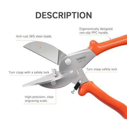 TOWOT Multi Angle Miter Shears, Angle Cutter Adjustable At 45 To 135 Degree With Safety Lock Miter Shears for Crafting, Plastic, PVC & Molding Trim, Angle Cutting Tool Including 2 Spare Blades