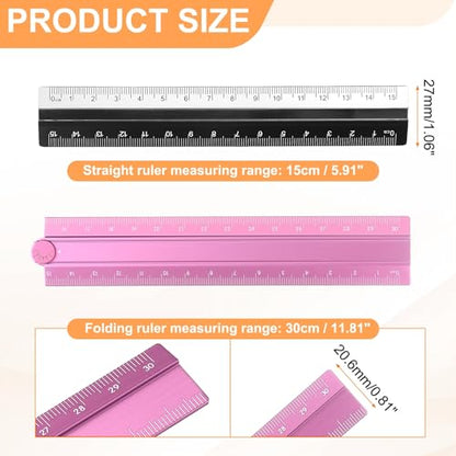 HARFINGTON Folding and Straight Ruler Kit 30/15cm Metric Aluminum Alloy Plastic Protractor Foldable Angle Ruler for Home Classroom Office, Light Pink - color: Light Pink