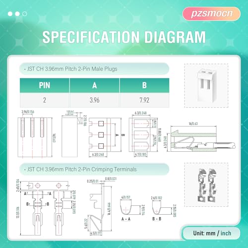 200 Pieces / 50 Sets JST CH 3.96mm 2 Pin 24-18 AWG Connector Kit - size: 2-Pin, style: JST-CH