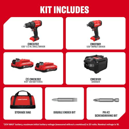 CRAFTSMAN V20 Cordless Drill Driver and Impact Driver, 2 x 2Ah Lithium Ion Battery and Charger, Two Power Tools, 1700 RPM 1/2 In. Electric Drill, 1800 Torque 1/4 Impact Screwdriver (CMCK201D2) - style: NEW 2 Tool Combo Kit
