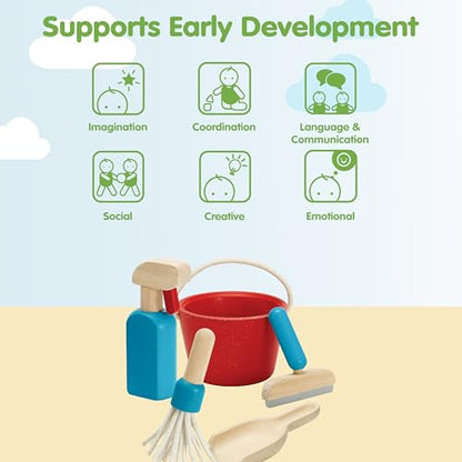PlanToys® Cleaning Set | Montessori Wooden Housekeeping Play Set for Kids | Includes Broom, Mop, Dustpan, Bucket & Duster | Eco-Friendly Pretend Play Toy for Practical Life Skills & Responsibility - color: Cleaning Set