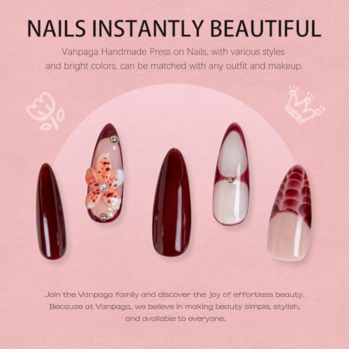 Handmade Stiletto Press on Nails Long Burgundy Glossy Gel Nails with 3D Flower Rhinestone Design, Reusable Stick on Fake Nails for Women (Size M) - color: 02, size: Medium
