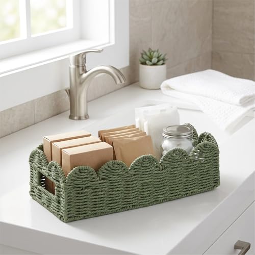 Sage Green Scalloped Basket, Toilet Tank Tray, Back of Toilet - color: Green